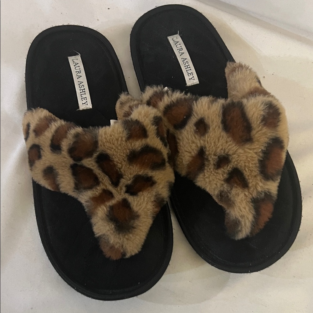 Laura Ashley Fuzzy Leopard Slippers - Black and Brown